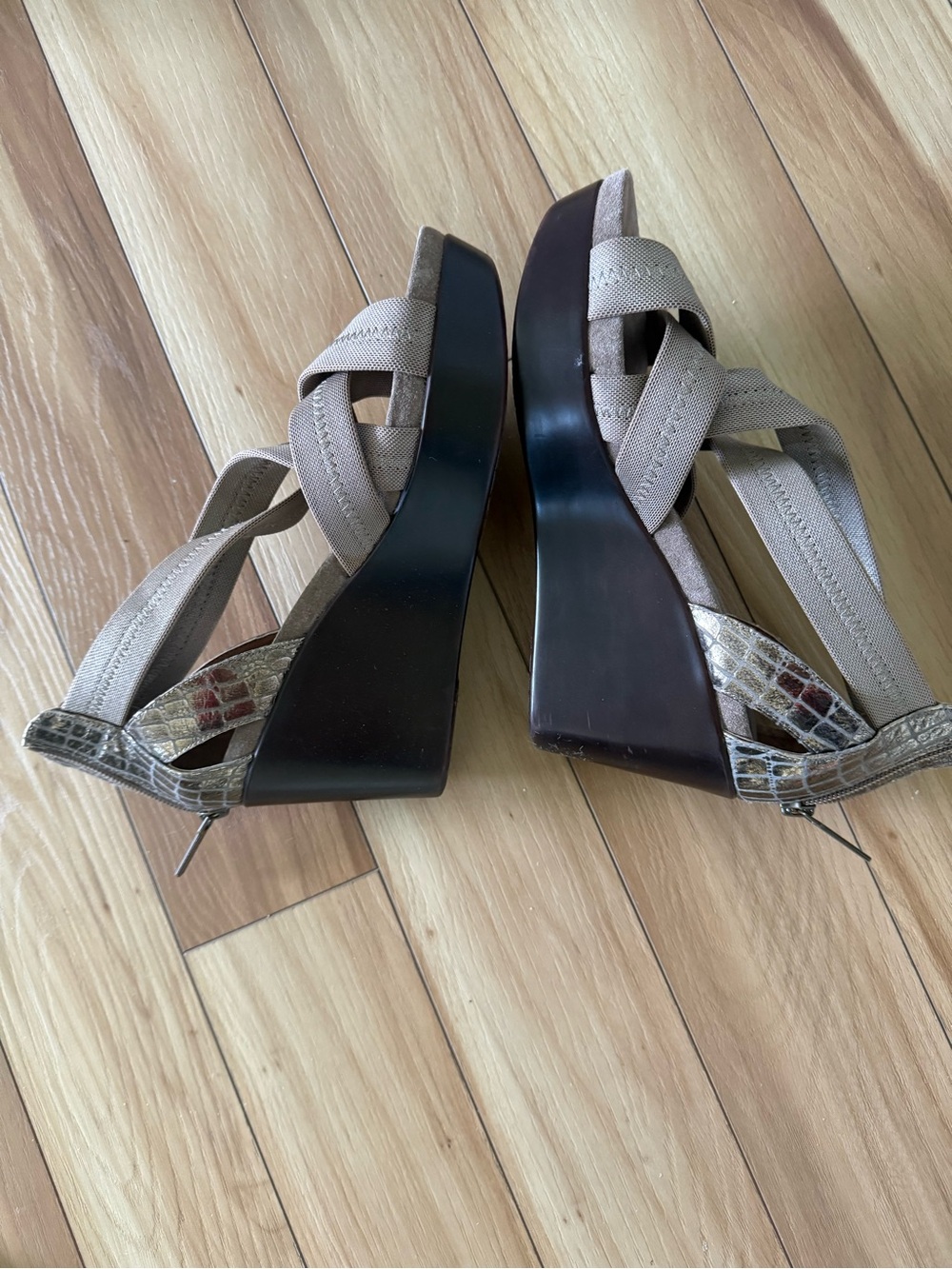 Donald J. Pliner gold & beige  Metallic Wedge Sandals with Elastic Straps